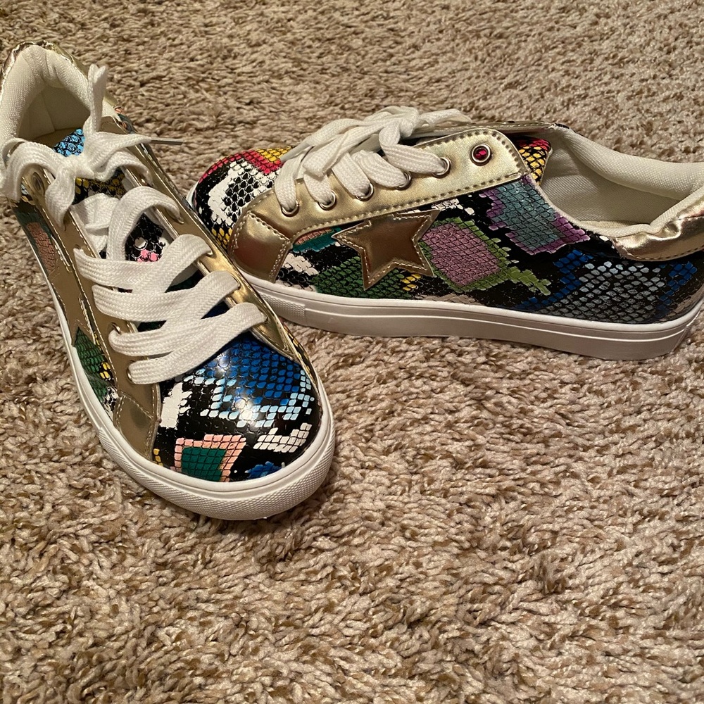 Snake print multi color sneakers, new, never worn